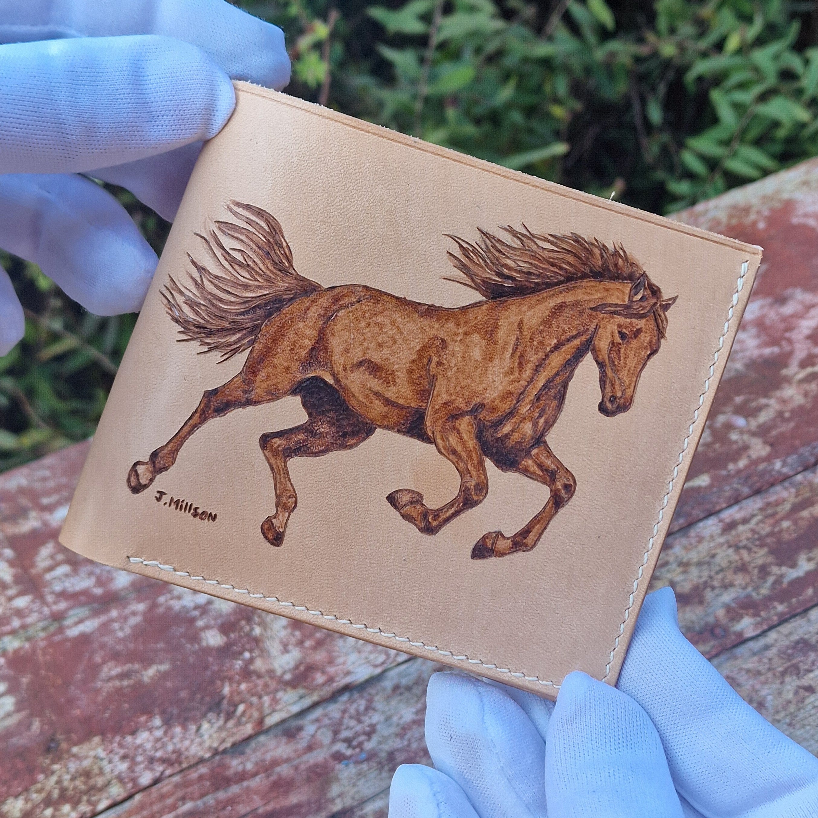 Handmade Leather Bifold Wallet – Engraved Horse Design